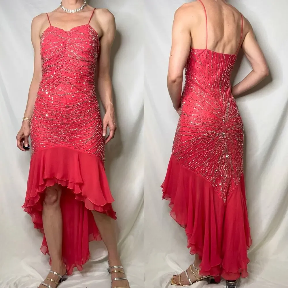 Scala prom dress coral pink 100% silk ruffle hem slip gown beaded sequin‎ formal
